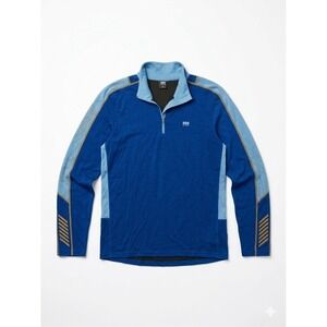 Helly Hansen Pullover Mens Blue Sz L 1/4 Zip Merino Wool Long Sleeve Gold Stitch